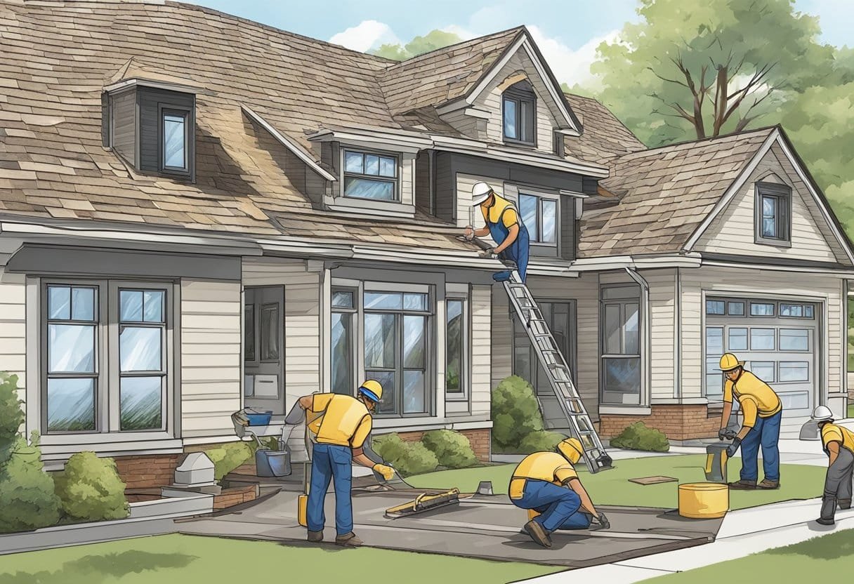 A roofing crew lays down shingles, seals edges, and installs flashing on a residential roof, following a step-by-step guide