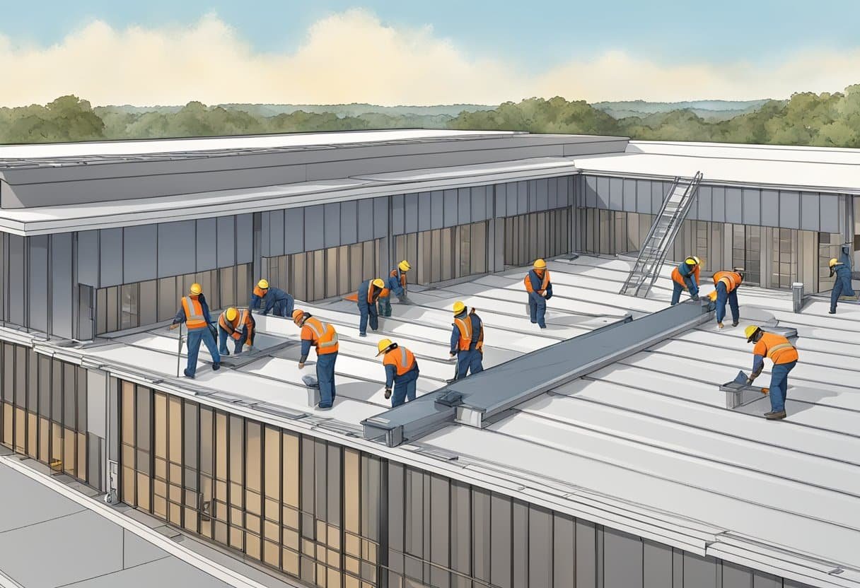 A crew of workers installs durable, weather-resistant roofing materials on a large commercial building in Austin