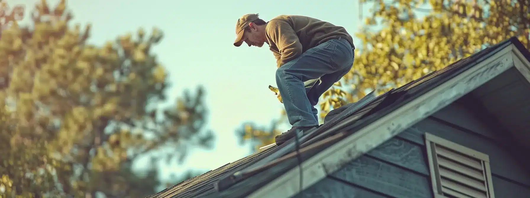 a homeowner struggling to repair their roof while looking at a manual.
