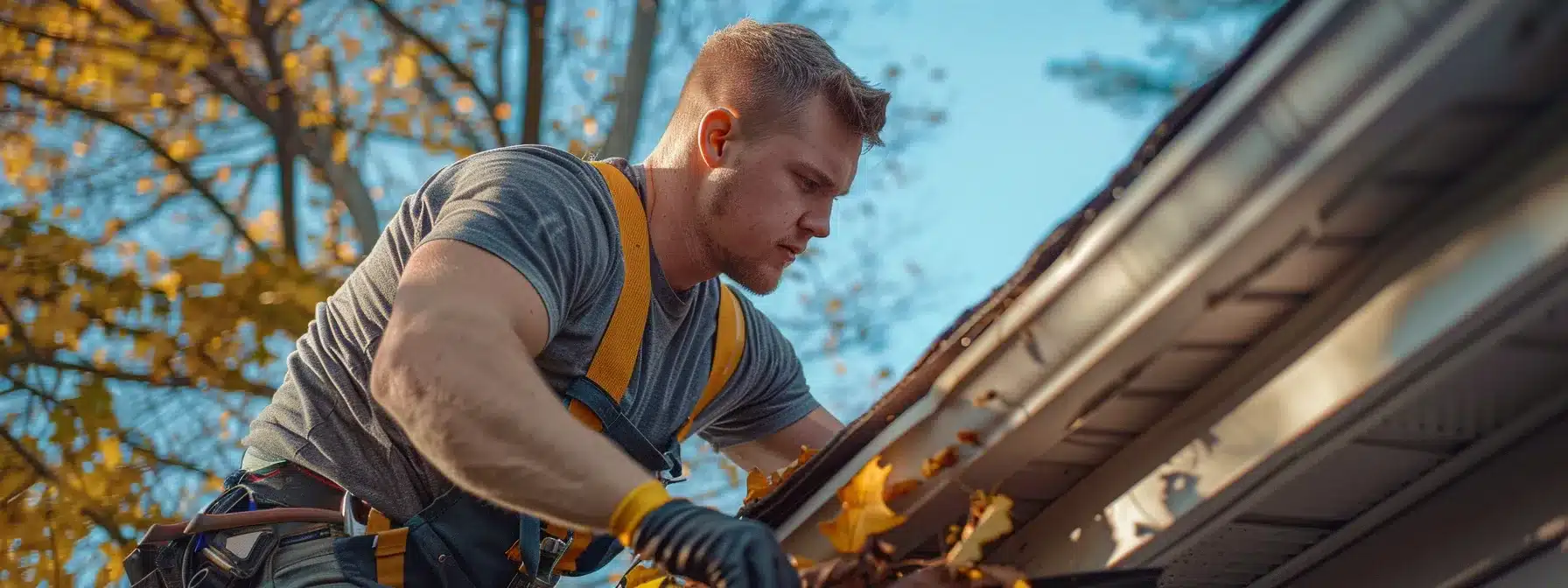 a roofer examining damaged eaves on a house.