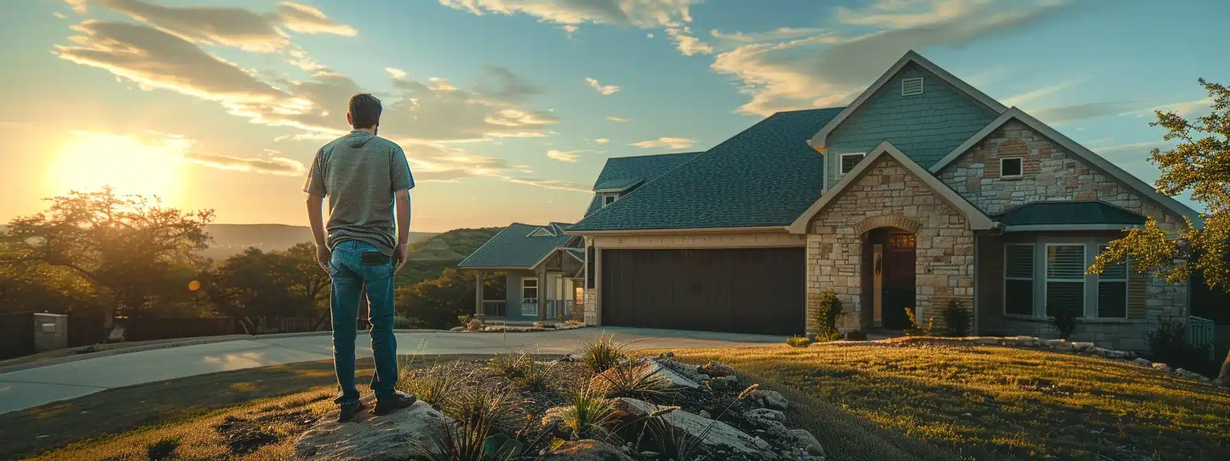a homeowner standing in front of a newly constructed house, examining a high-quality asphalt shingle roof installed by a reputable local austin roofing and construction company.