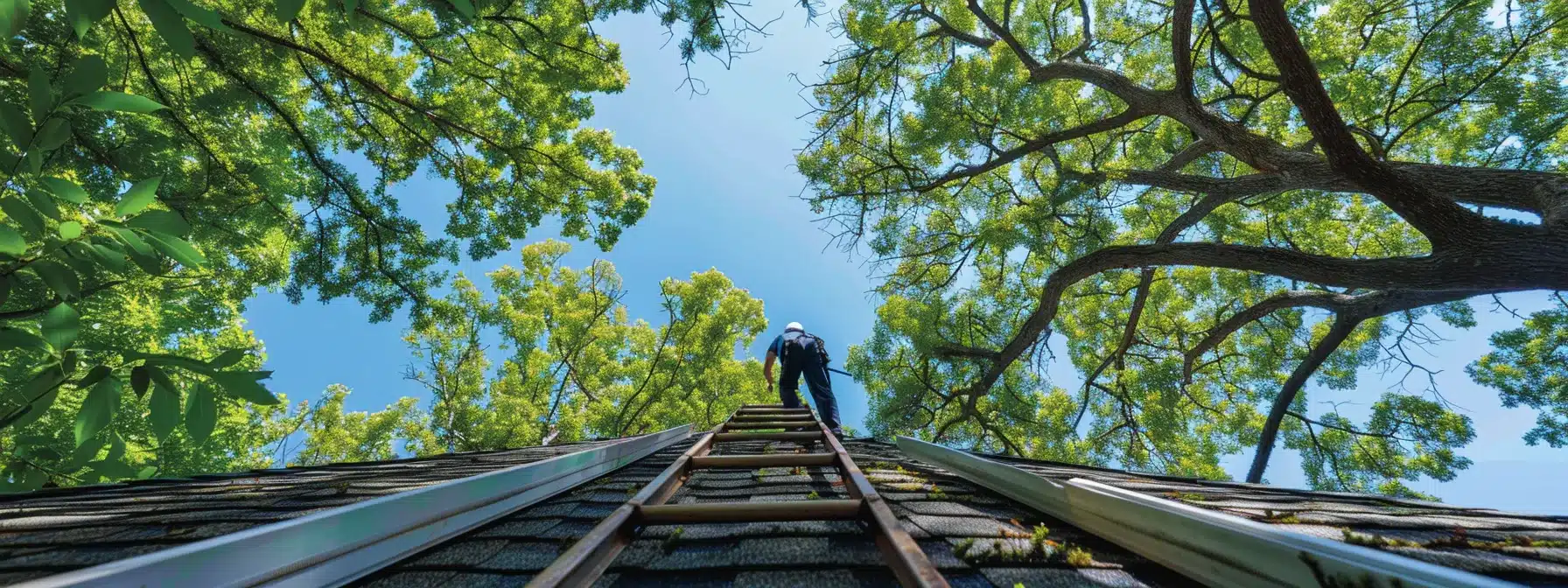 a homeowner in memphis climbs up a ladder to inspect their well-maintained roof under clear blue skies, surrounded by lush green trees.
