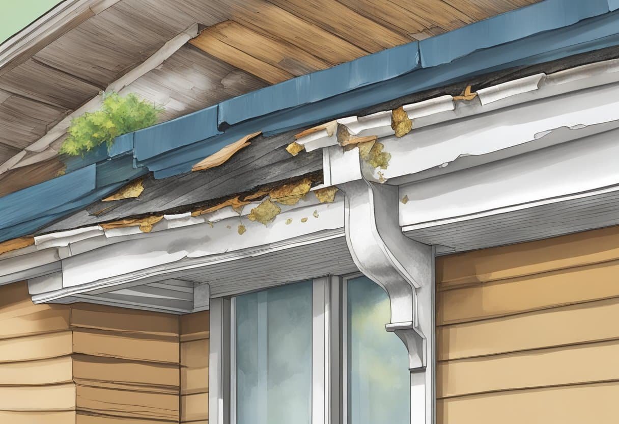 The damaged soffit and fascia are visibly rotting, with peeling paint and evident water stains. Nearby gutters are overflowing, exacerbating the deterioration