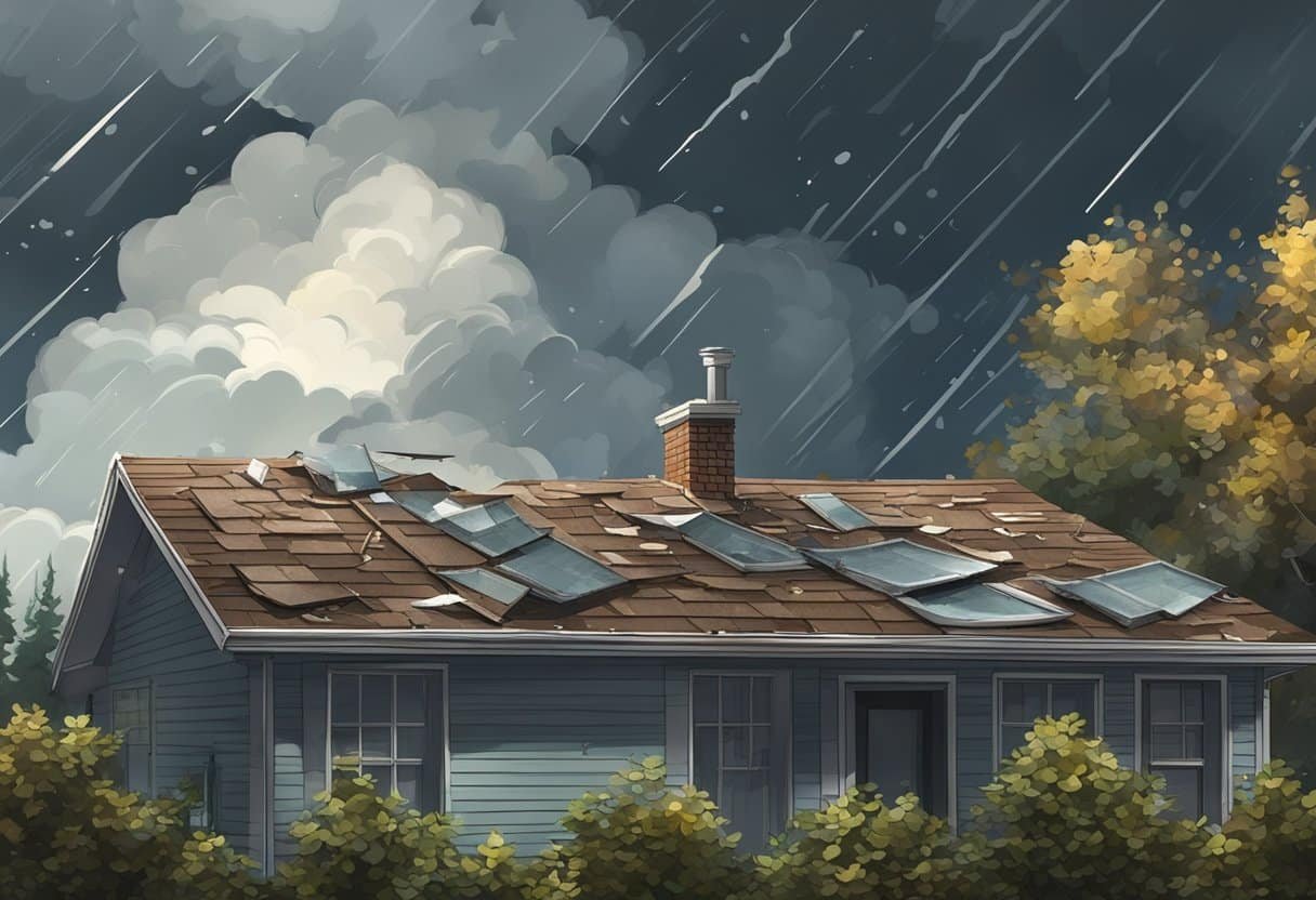 A damaged roof with fallen shingles and water stains, surrounded by debris and tree branches, under a stormy sky