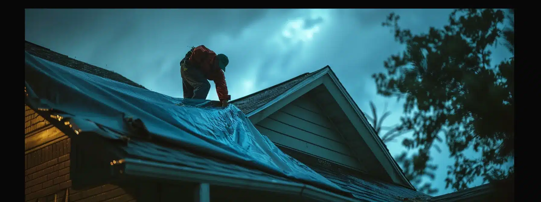 a homeowner in memphis quickly applying a tarp to their roof to shield it from wind and rain.